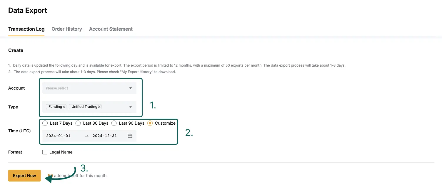 Bybit EU kryptovaluutta veroraportin haku - data export.