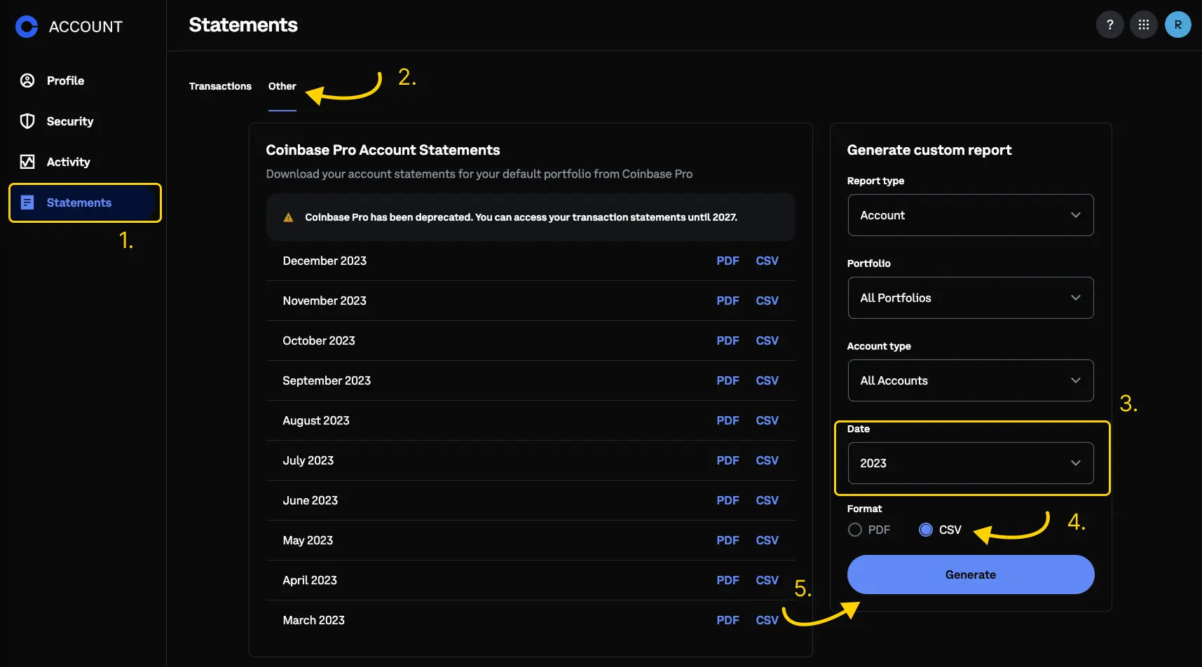 "Coinbase Pro tapahtumaraportin lataus."