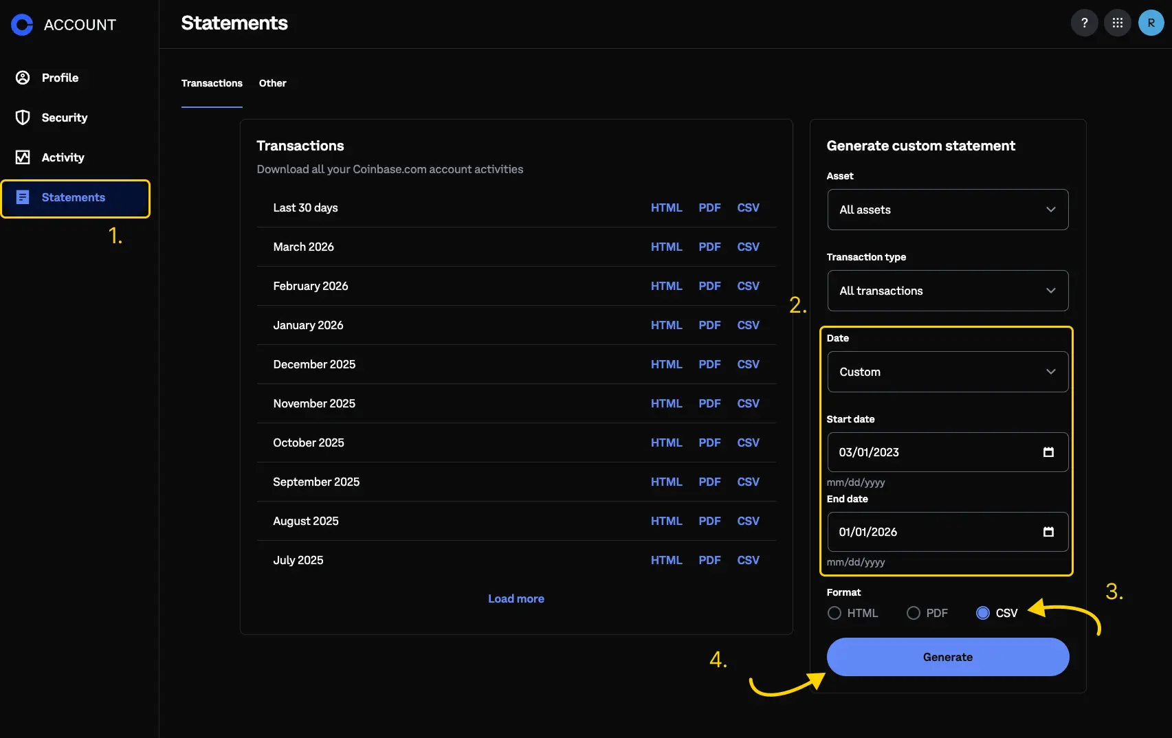 "Coinbase tapahtumaraportin lataus."