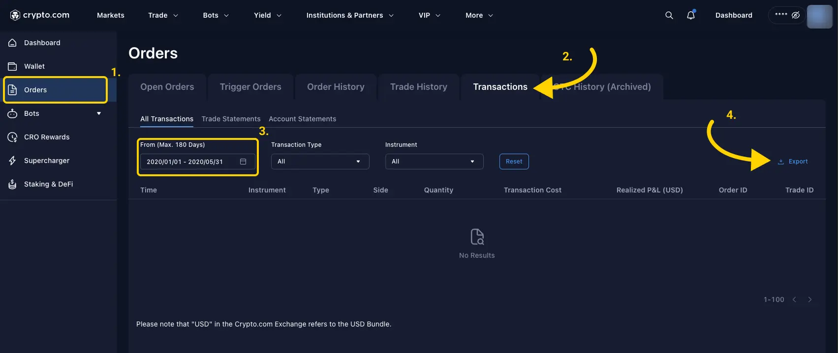 Crypto.com Exchange tapahtumahistorian lataus